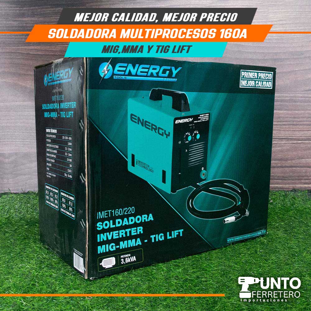 Soldadora Multiprocesos 160A Energy (mma,mig Mag,lig tif)+ 1kg alambre flux suelda con gas/sin gas