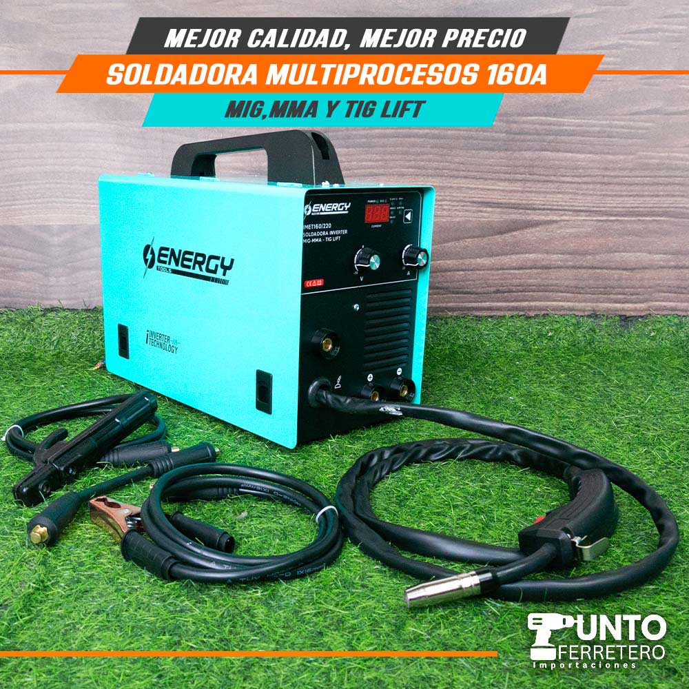 Soldadora Multiprocesos 160A Energy (mma,mig Mag,lig tif)+ 1kg alambre flux suelda con gas/sin gas