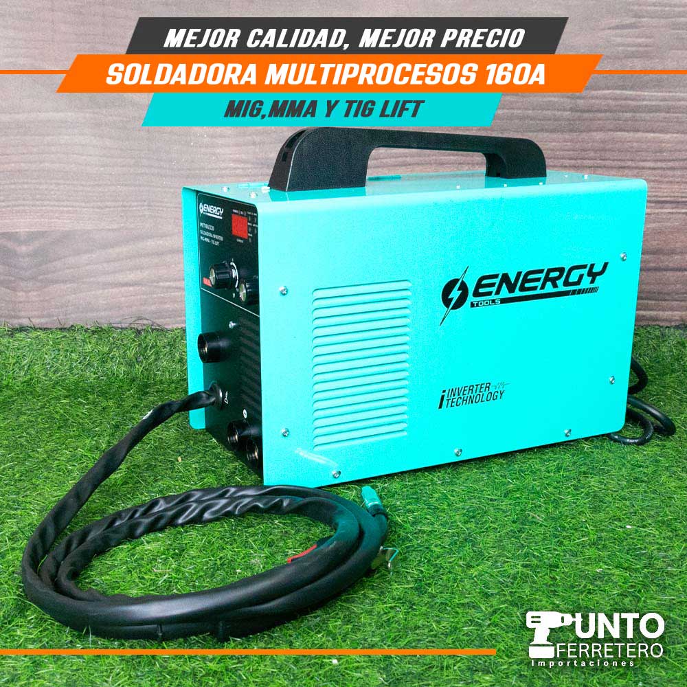Soldadora Multiprocesos 160A Energy (mma,mig Mag,lig tif)+ 1kg alambre flux suelda con gas/sin gas