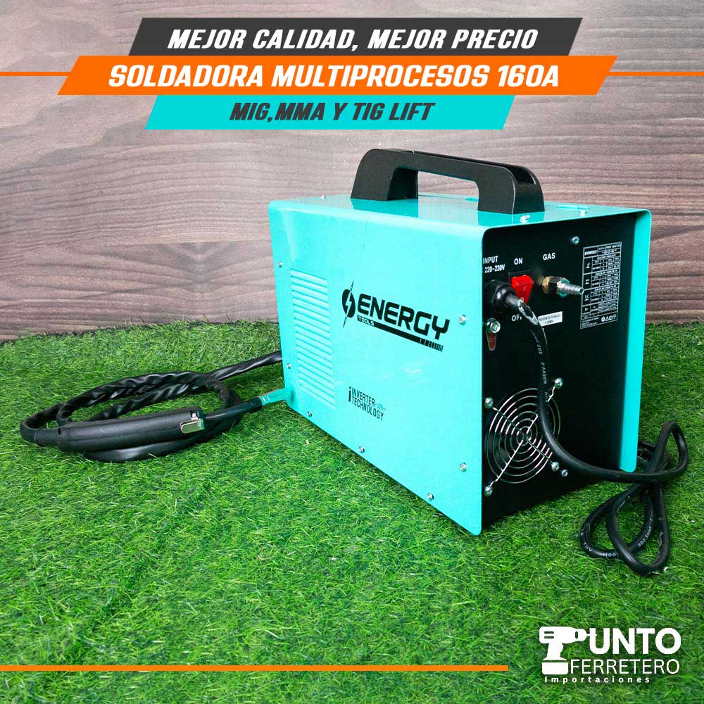 Soldadora Multiprocesos 160A Energy (mma,mig Mag,lig tif)+ 1kg alambre flux suelda con gas/sin gas