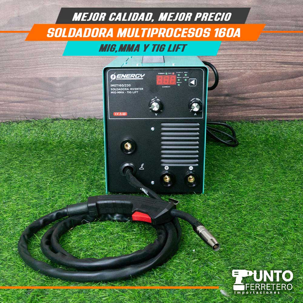 Soldadora Multiprocesos 160A Energy (mma,mig Mag,lig tif)+ 1kg alambre flux suelda con gas/sin gas