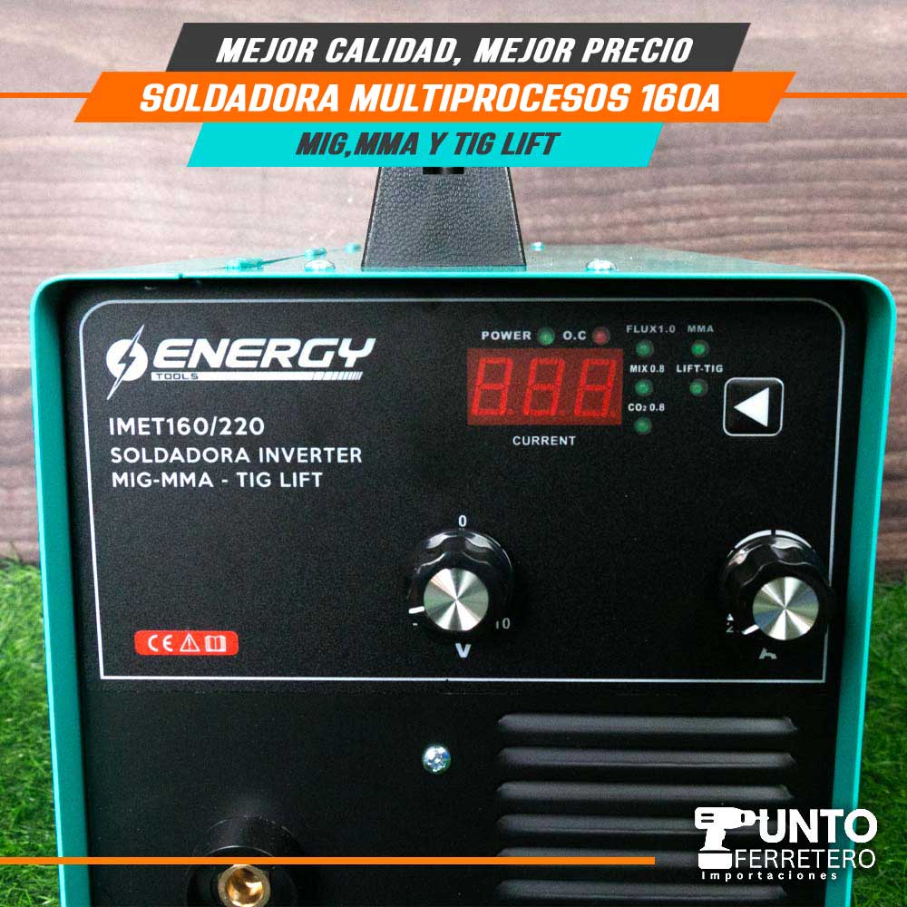 Soldadora Multiprocesos 160A Energy (mma,mig Mag,lig tif)+ 1kg alambre flux suelda con gas/sin gas