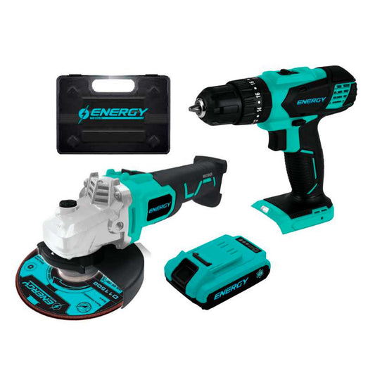 TALADRO PERCUTOR + AMOLADORA ANGULAR RECARGABLE 20V MALETIN- ENERGY