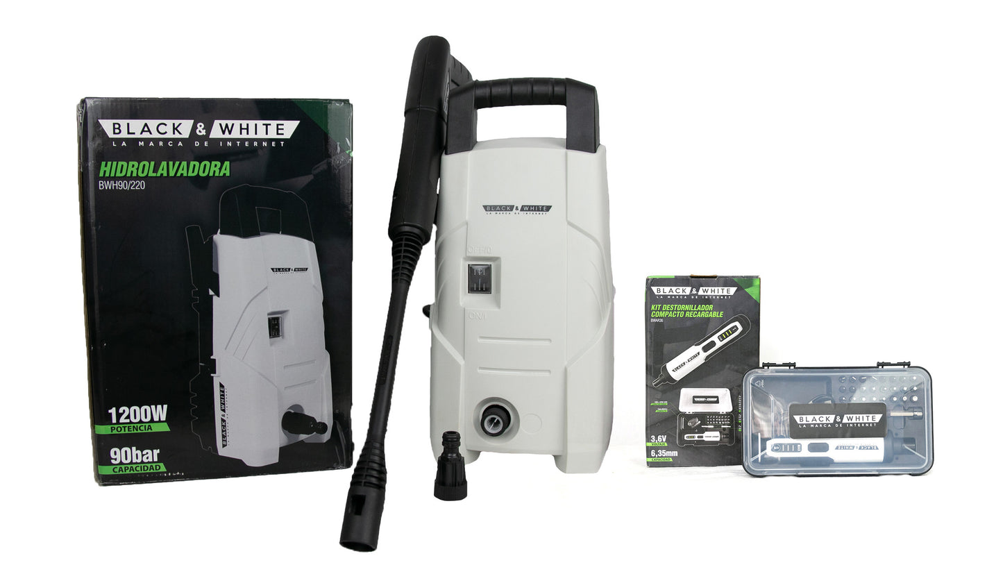 HIDROLAVADORA + KIT DESATORNILLADOR COMPACTO RECARGABLE – BLACK & WHITE