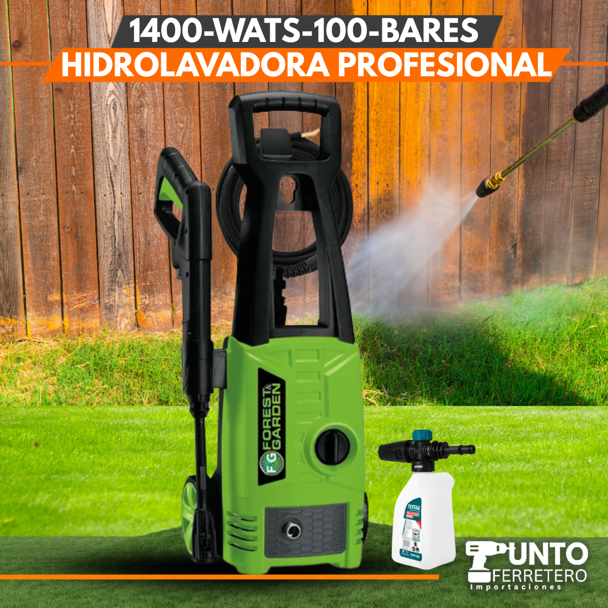 Hidrolavadora 1400W-100bares + champunera forest and garden
