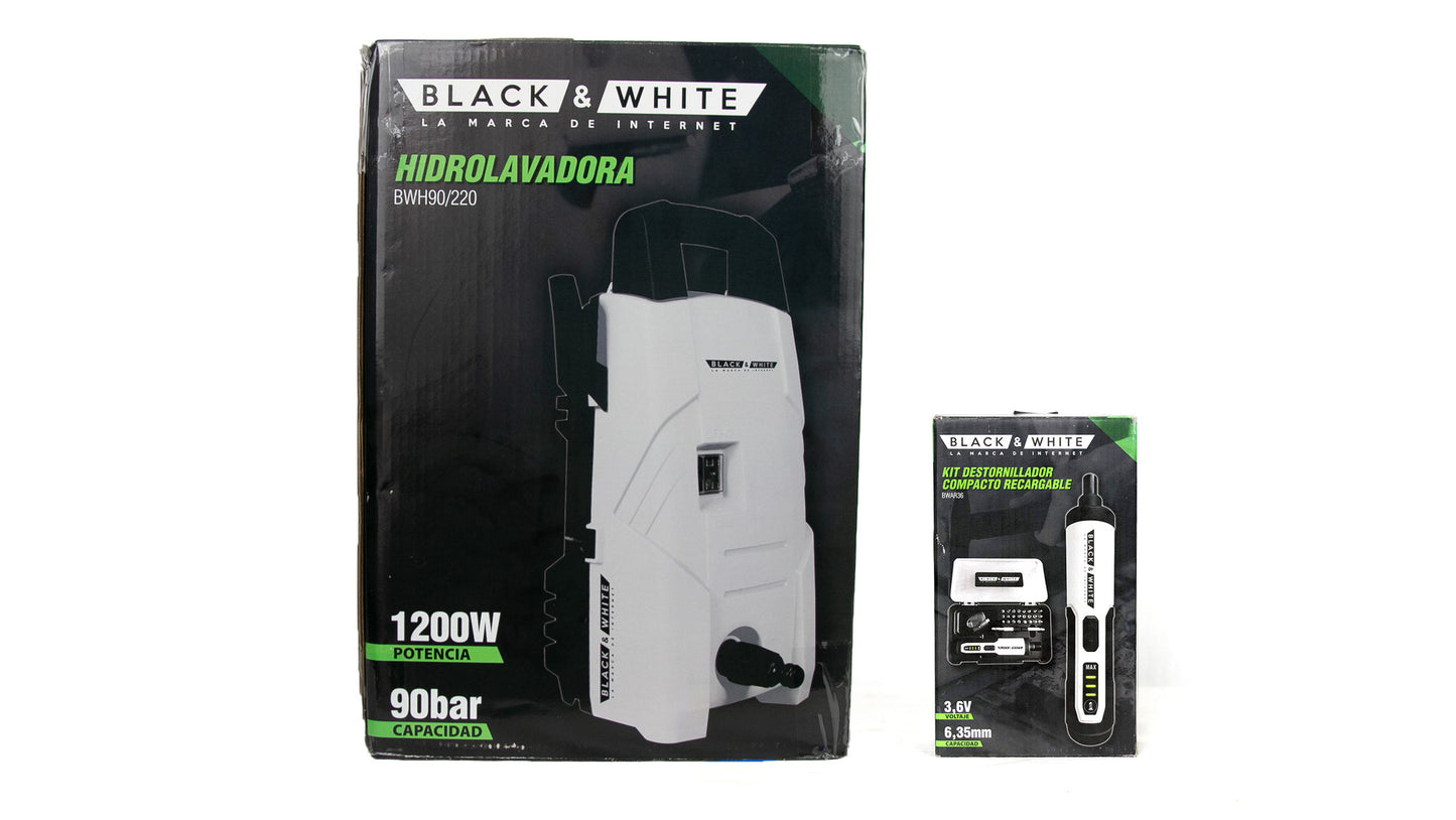 HIDROLAVADORA + KIT DESATORNILLADOR COMPACTO RECARGABLE – BLACK & WHITE