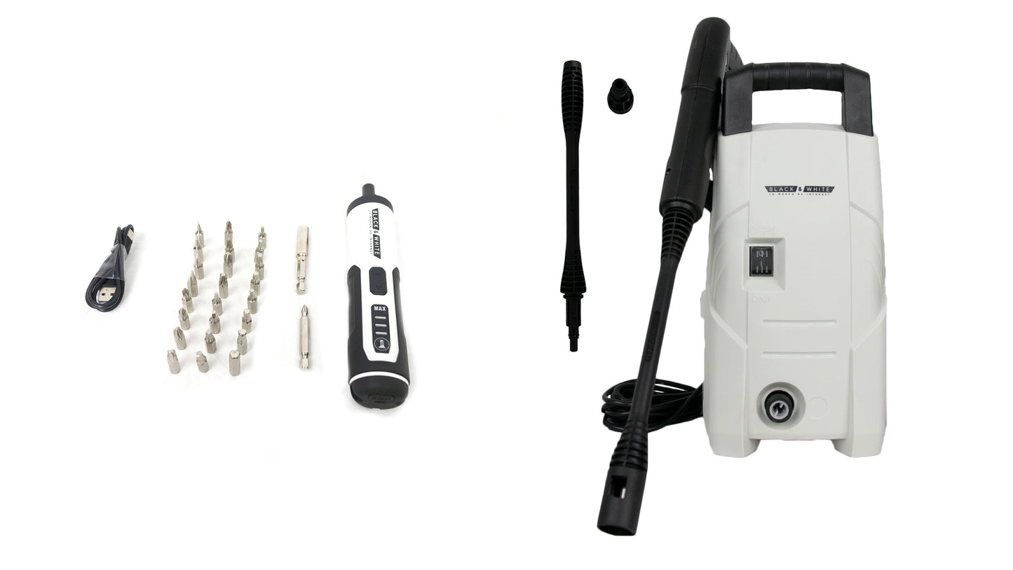 HIDROLAVADORA + KIT DESATORNILLADOR COMPACTO RECARGABLE – BLACK & WHITE