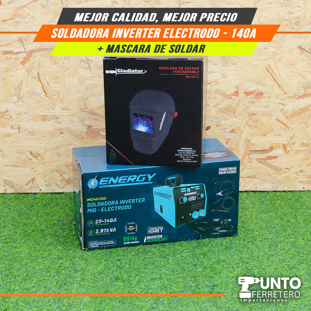 soldadora 2 procesos mig-mma 140 amperios energy + mascara+alambre