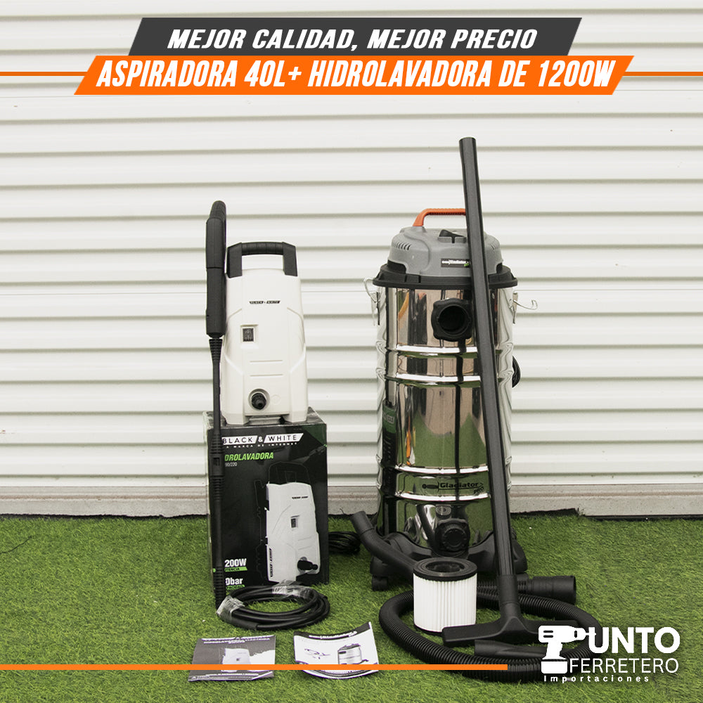 combo aspiradora gladiator seco/humedo industrial 40 litros 1600w + hidrolavadora black&white 1200w