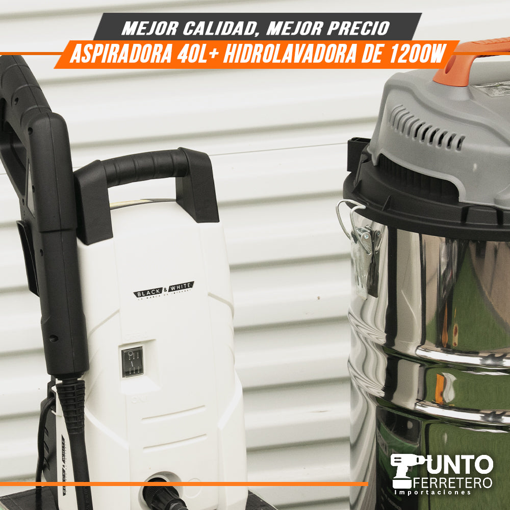 combo aspiradora gladiator seco/humedo industrial 40 litros 1600w + hidrolavadora black&white 1200w