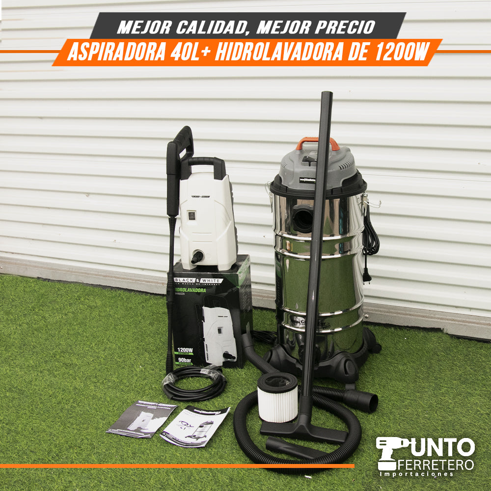 combo aspiradora gladiator seco/humedo industrial 40 litros 1600w + hidrolavadora black&white 1200w