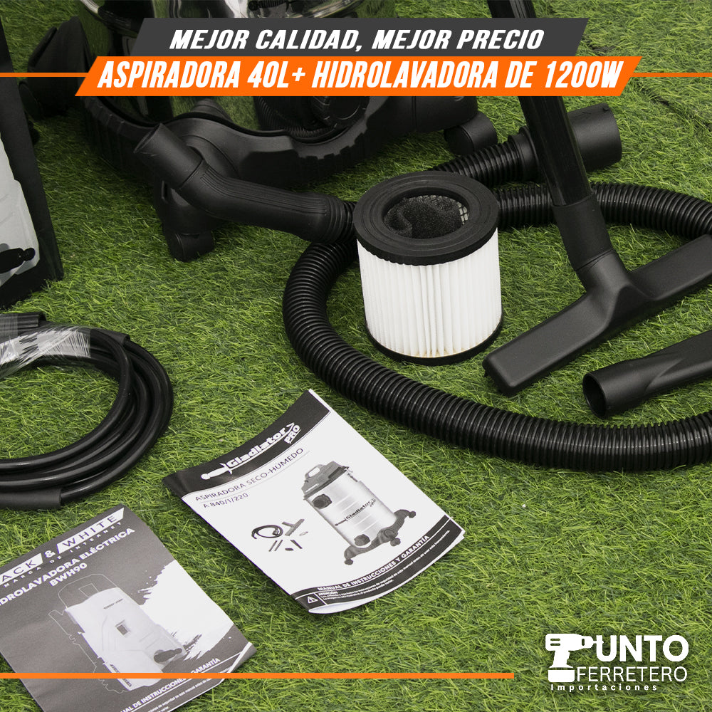 combo aspiradora gladiator seco/humedo industrial 40 litros 1600w + hidrolavadora black&white 1200w