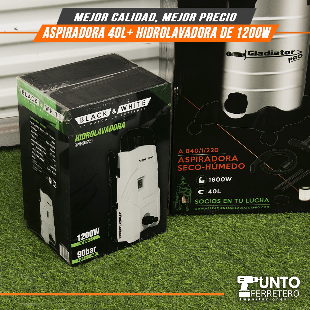 combo aspiradora gladiator seco/humedo industrial 40 litros 1600w + hidrolavadora black&white 1200w