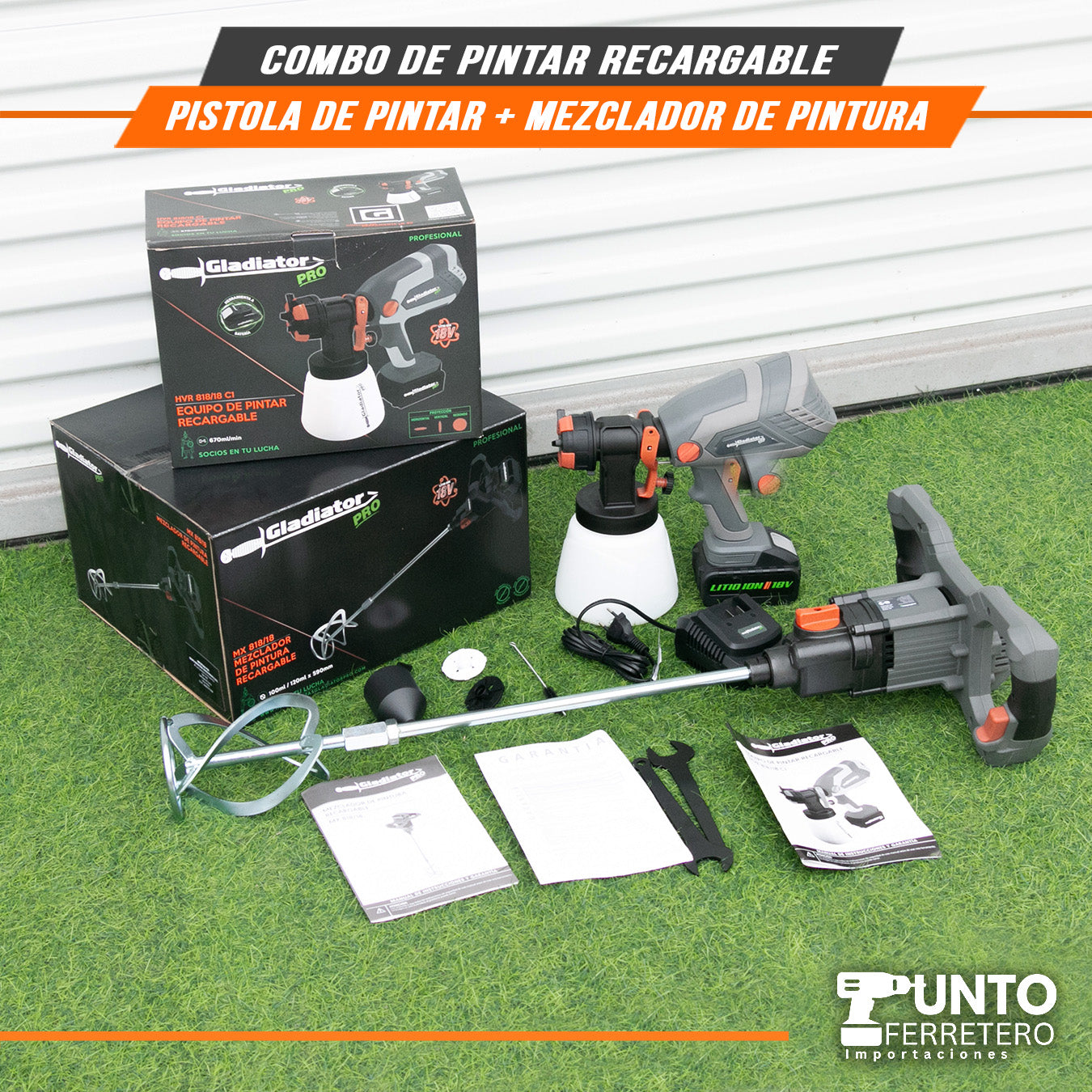 combo mezclador + pistola de pintar inalambricos gladiator