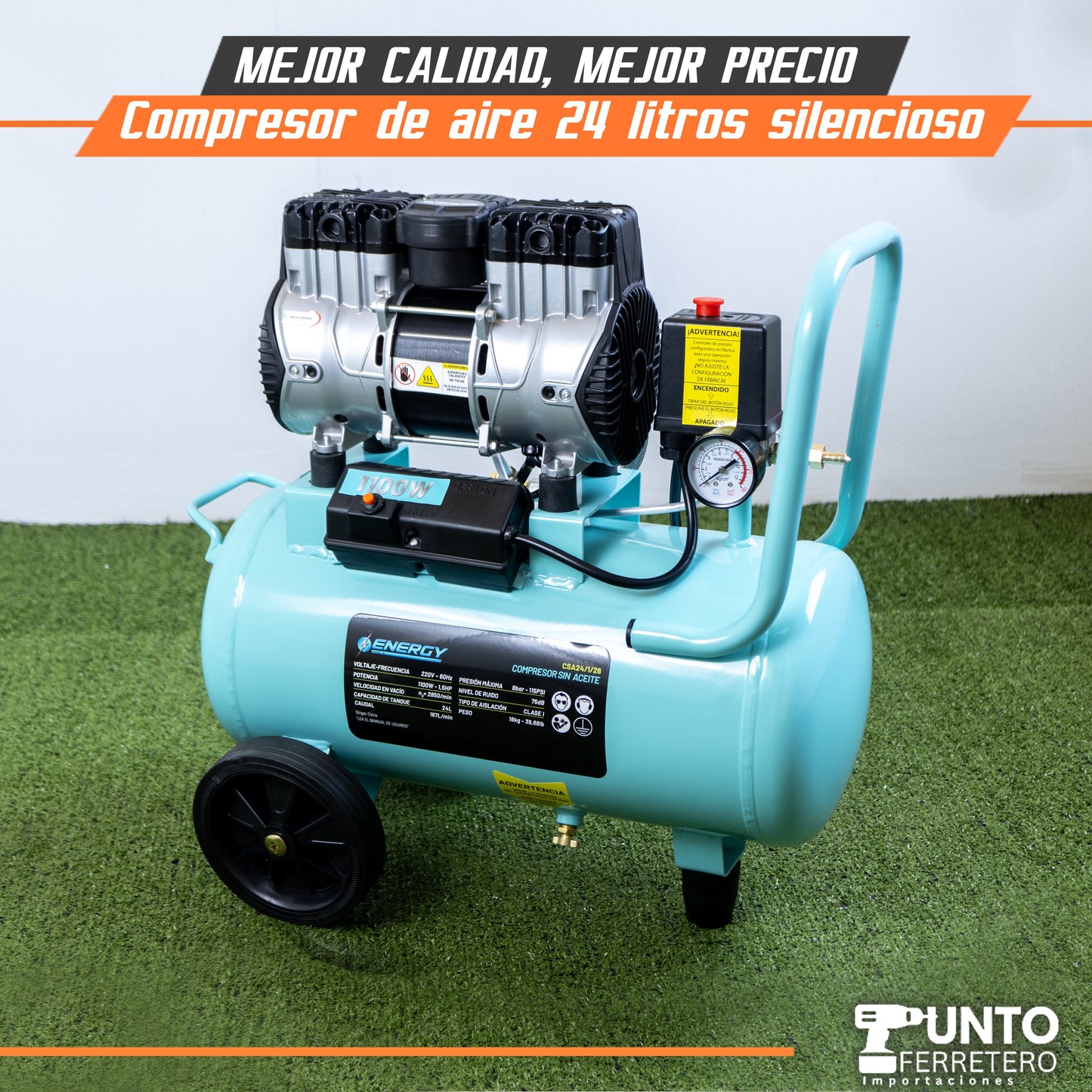compresora de aire de 24 litros silenciosa  1.5HP  100% cobre