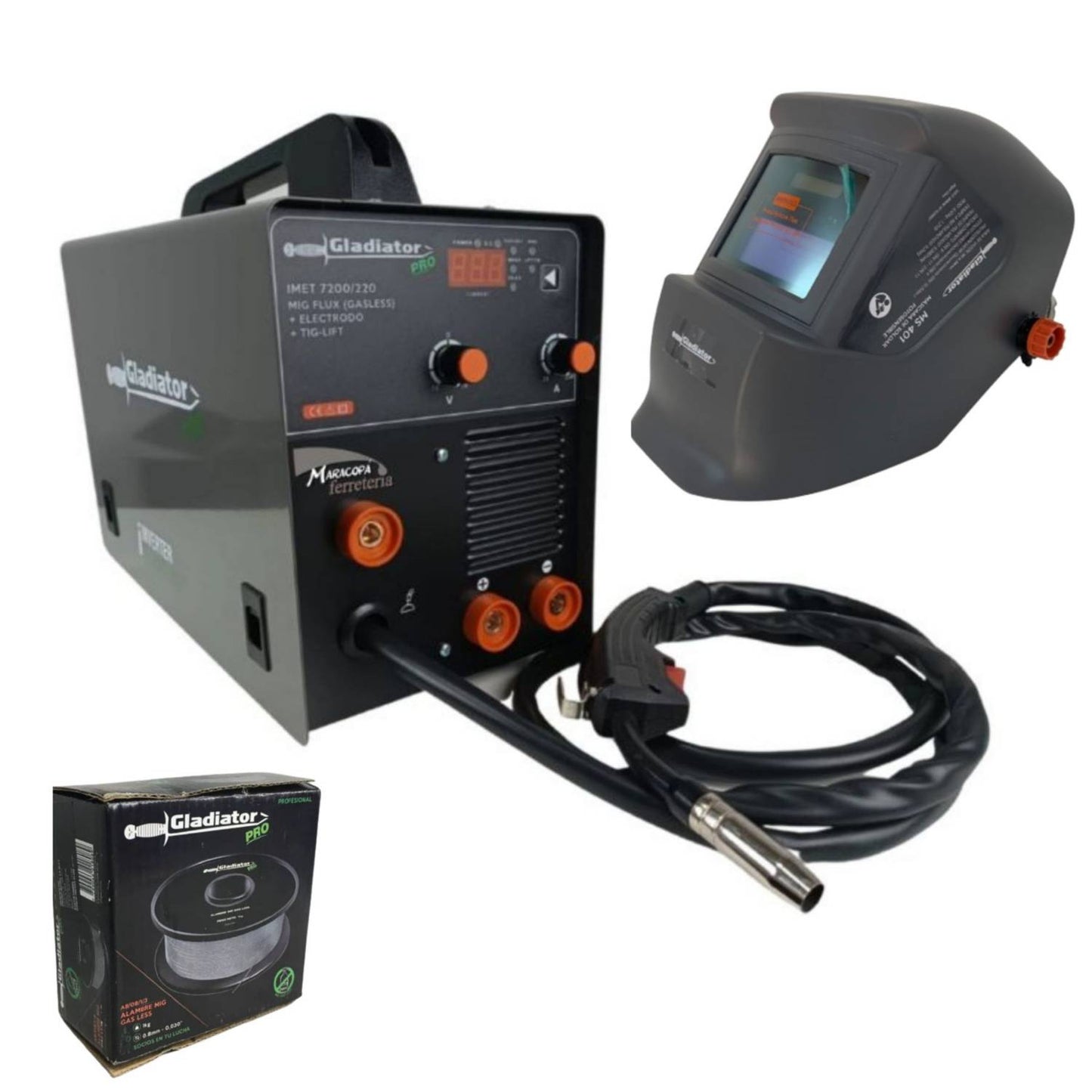 SOLDADORA MULTIPROCESOS 200AMP + MASCARA +1 ROLLO DE ALAMBRE MIG FLUXX-GLADIATOR