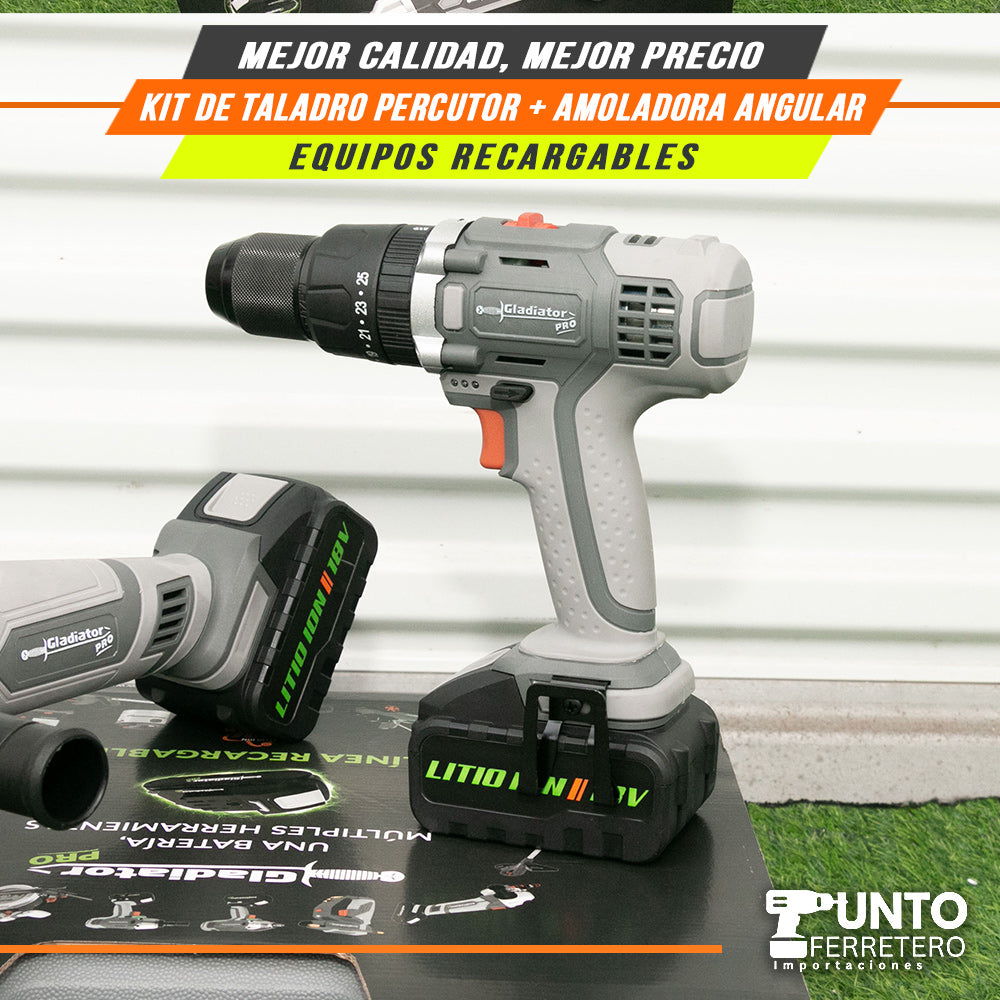 COMBO TALADRO PERCUTOR 60NM + AMOLADORA ANGULAR + 2 BATERIAS 3A MALETIN ALTO RELIEVE  TECNOLOGIA AMARICANA GLADIATOR