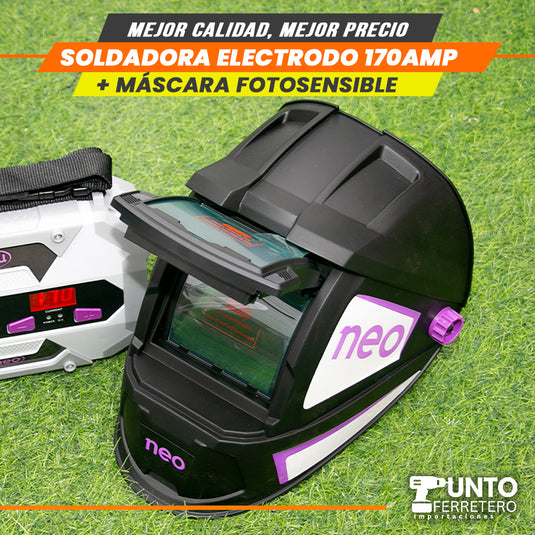 soldadora neo 170 amperios mma + mascara fotocensible 2 sensores uso industrial