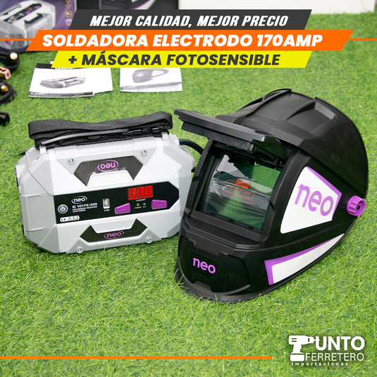 soldadora neo 170 amperios mma + mascara fotocensible 2 sensores uso industrial