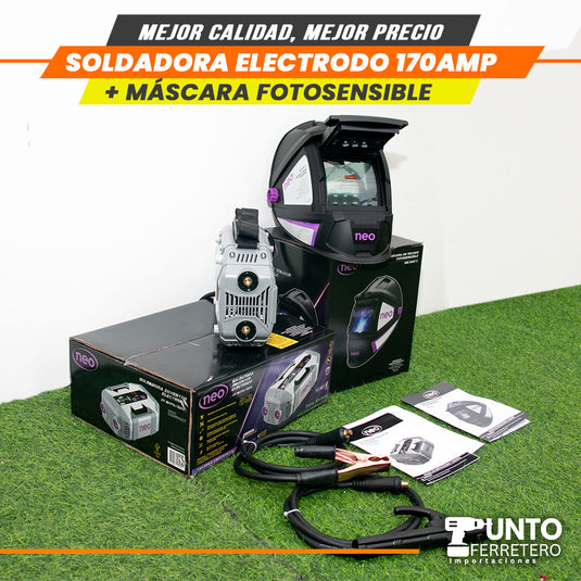 soldadora neo 170 amperios mma + mascara fotocensible 2 sensores uso industrial