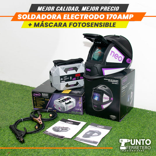 soldadora neo 170 amperios mma + mascara fotocensible 2 sensores uso industrial