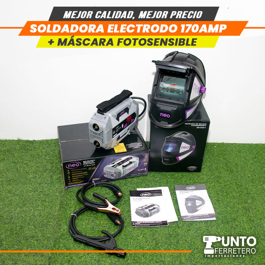 soldadora neo 170 amperios mma + mascara fotocensible 2 sensores uso industrial