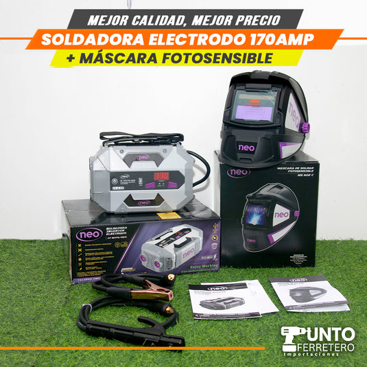 soldadora neo 170 amperios mma + mascara fotocensible 2 sensores uso industrial