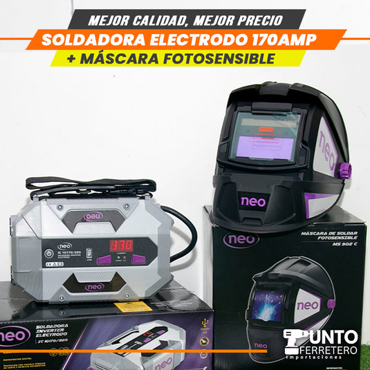 soldadora neo 170 amperios mma + mascara fotocensible 2 sensores uso industrial