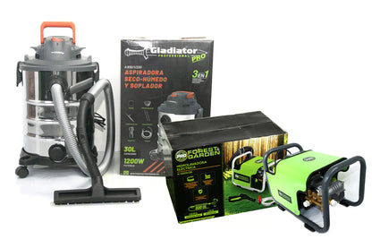 ASPIRADORA SECO-HÚMEDO Y SOPLADOR 3 EN 1 + HIDROLAVADORA ELÉCTRICA-FOREST & GARDEN, GLADIATOR