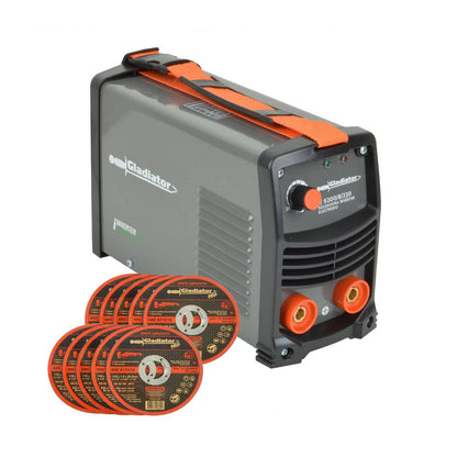SOLDADORA ELÉCTRICA INVERTER 200A MMA CON CONECTORES 3/8 + 1O DISCOS- GLADIATOR