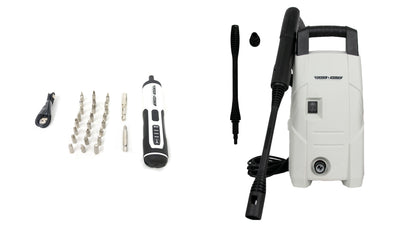 HIDROLAVADORA + KIT DESATORNILLADOR COMPACTO RECARGABLE – BLACK & WHITE