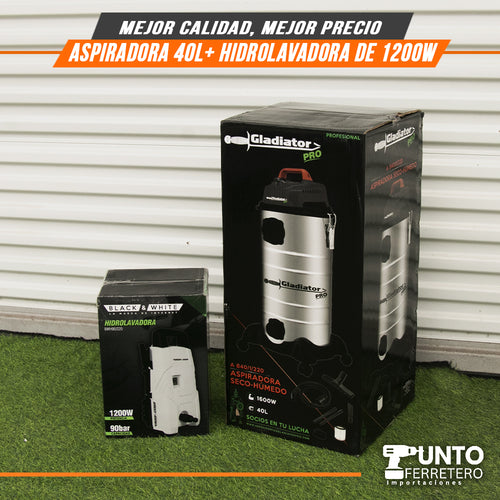 combo aspiradora gladiator seco/humedo industrial 40 litros 1600w + hidrolavadora black&white 1200w