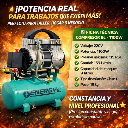 Compresora Sin Aceite  9L – Energy Tecnología americana.