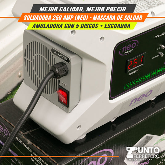 Combo neo INDUSTRIAL , soldadora 250 amperios industrial + mascara 2 sensores + escuadra + amoladora oferta