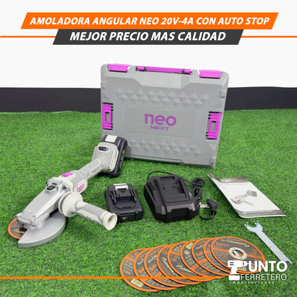 Amoladora Angular Neo de 20V-4A con Auto Stop