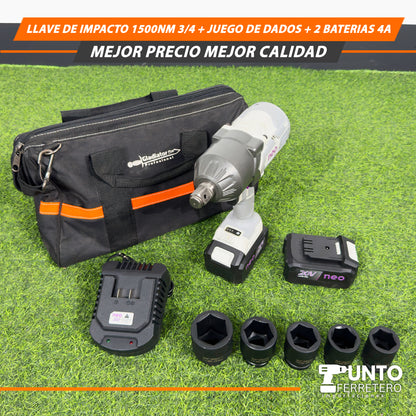 Llave de Impacto 1500NM 3/4+ Juegos de dados+ 2 Baterías 4 A🛠️ 💪
