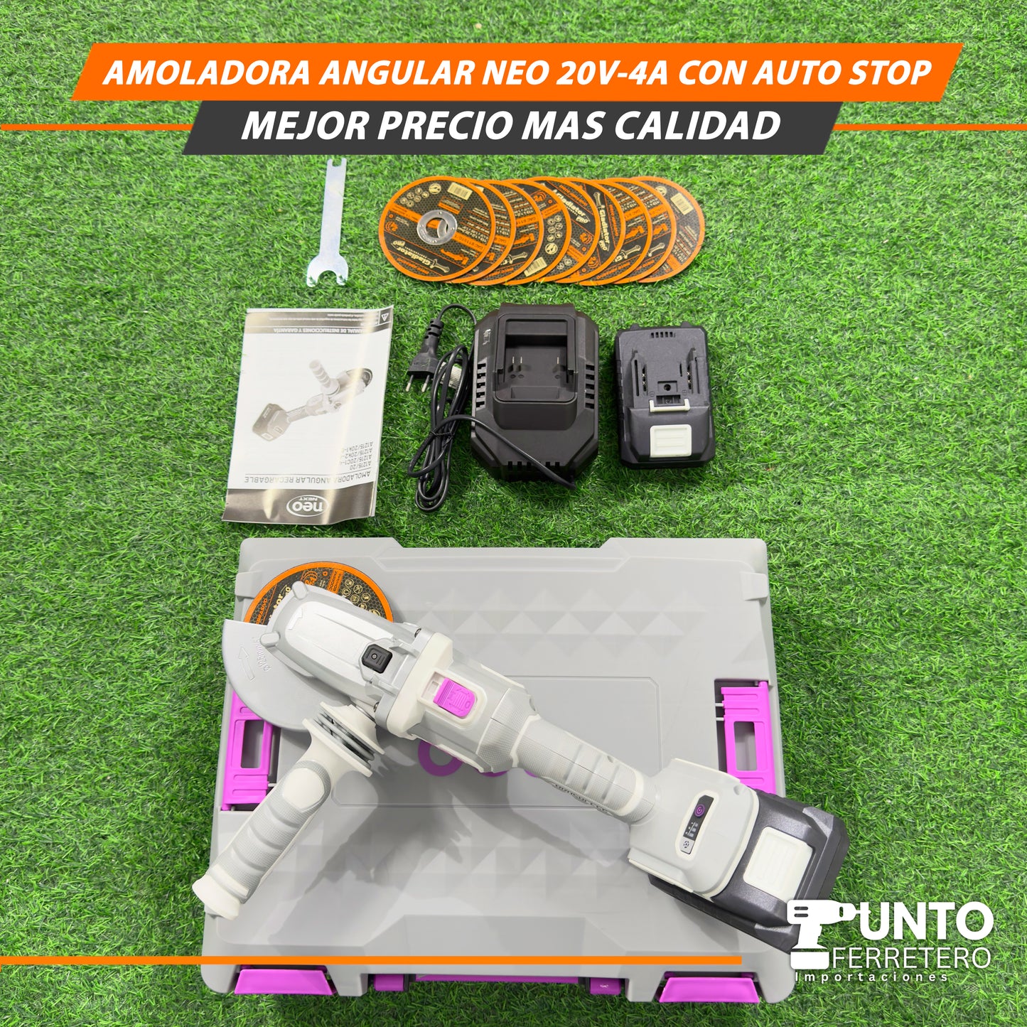 Amoladora Angular Neo de 20V-4A con Auto Stop