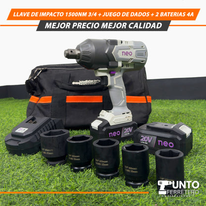 Llave de Impacto 1500NM 3/4+ Juegos de dados+ 2 Baterías 4 A🛠️ 💪