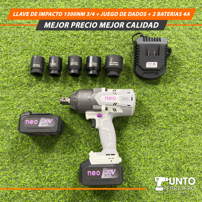 Llave de Impacto 1500NM 3/4+ Juegos de dados+ 2 Baterías 4 A🛠️ 💪
