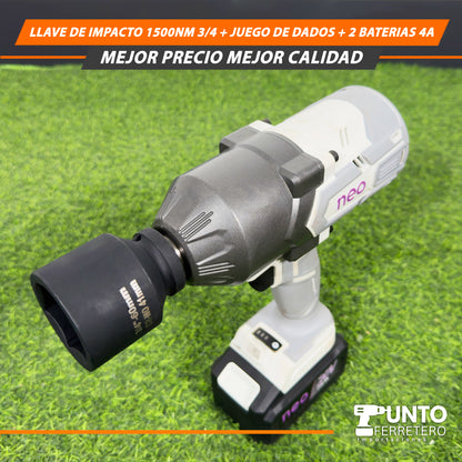 Llave de Impacto 1500NM 3/4+ Juegos de dados+ 2 Baterías 4 A🛠️ 💪