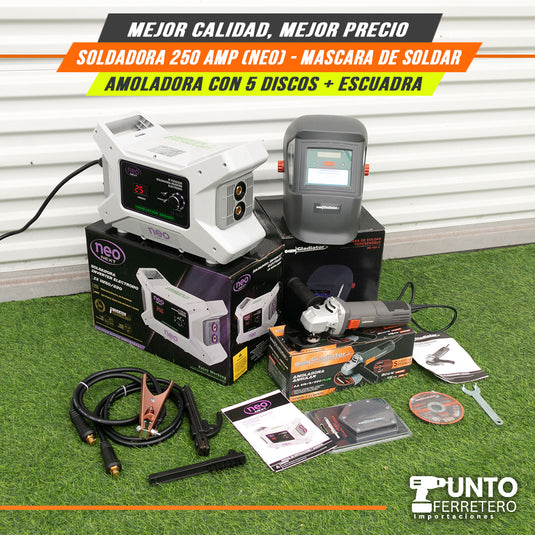 Combo neo INDUSTRIAL , soldadora 250 amperios industrial + mascara 2 sensores + escuadra + amoladora oferta