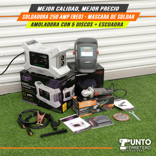 Combo neo INDUSTRIAL , soldadora 250 amperios industrial + mascara 2 sensores + escuadra + amoladora oferta