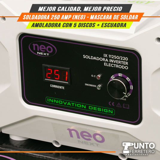 Combo neo INDUSTRIAL , soldadora 250 amperios industrial + mascara 2 sensores + escuadra + amoladora oferta