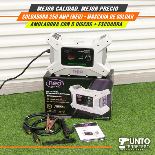 Combo neo INDUSTRIAL , soldadora 250 amperios industrial + mascara 2 sensores + escuadra + amoladora oferta