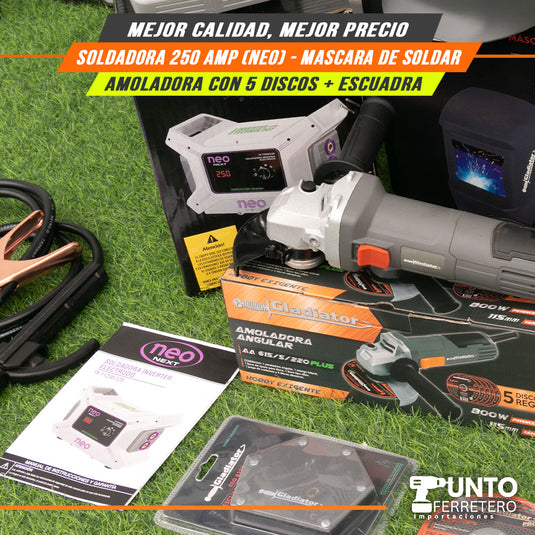 Combo neo INDUSTRIAL , soldadora 250 amperios industrial + mascara 2 sensores + escuadra + amoladora oferta