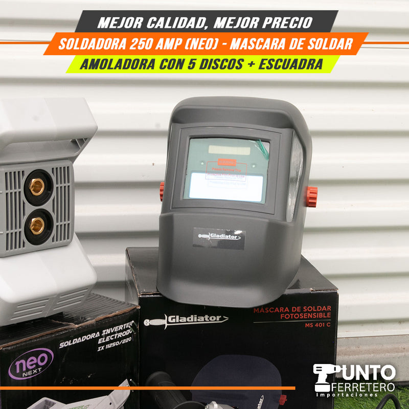 Cargue la imagen en el visor de la galería, Combo neo INDUSTRIAL , soldadora 250 amperios industrial + mascara 2 sensores + escuadra + amoladora oferta
