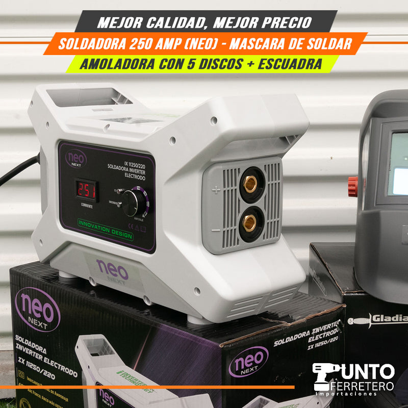 Cargue la imagen en el visor de la galería, Combo neo INDUSTRIAL , soldadora 250 amperios industrial + mascara 2 sensores + escuadra + amoladora oferta
