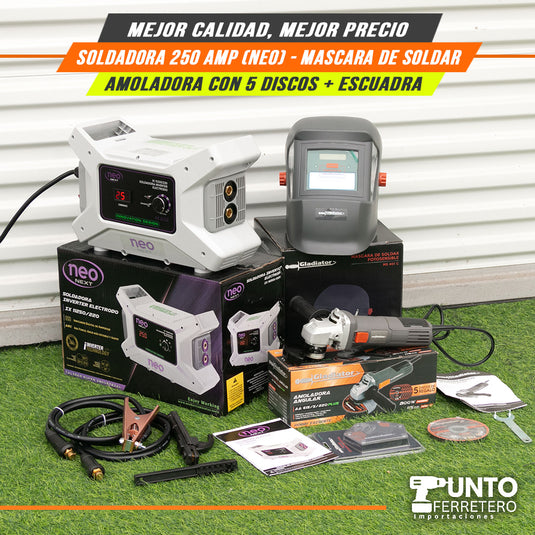 Combo neo INDUSTRIAL , soldadora 250 amperios industrial + mascara 2 sensores + escuadra + amoladora oferta