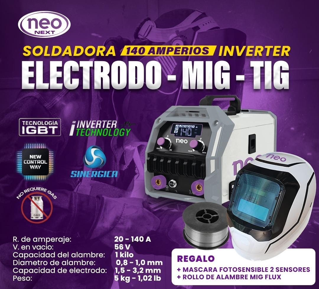 soldadora de 140 amperios neo  multiproceso modelo 2026 (mig-mma-tig lift ecnologia americana)