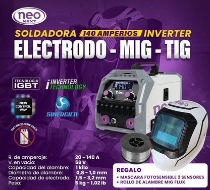 soldadora de 140 amperios neo  multiproceso modelo 2026 (mig-mma-tig lift ecnologia americana)